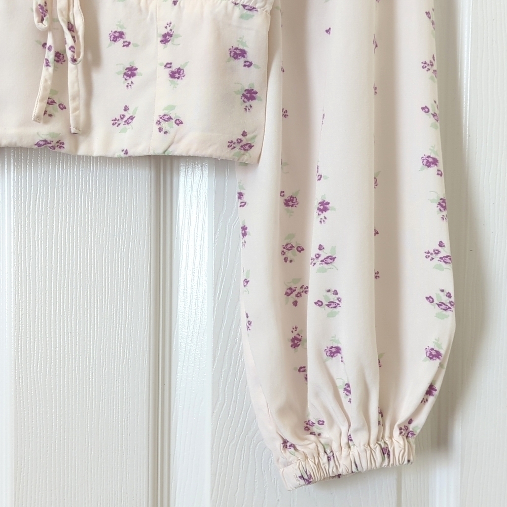 Wild Fable Boho Floral Quarter Balloon Sleeve Bustier Crop Top Cream Purple XS - Picture 8 of 11